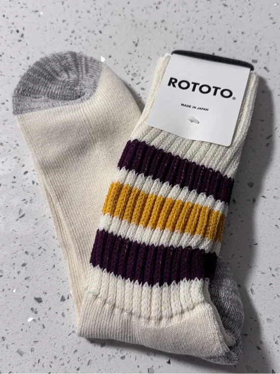 RoToTo Retro Coarse Ribbed Old School Crew Socks in Gold & Bourdeaux NWT - Picture 9 of 12